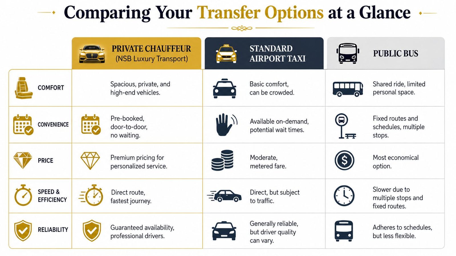 A comparison chart outlining the comfort, convenience, price, speed, and reliability of chauffeur services, taxis, and buses.