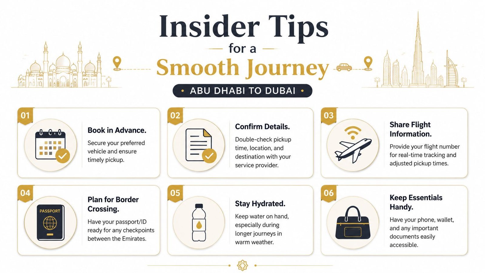 An infographic titled Insider Tips for a Smooth Journey providing travel advice for trips from Abu Dhabi to Dubai.