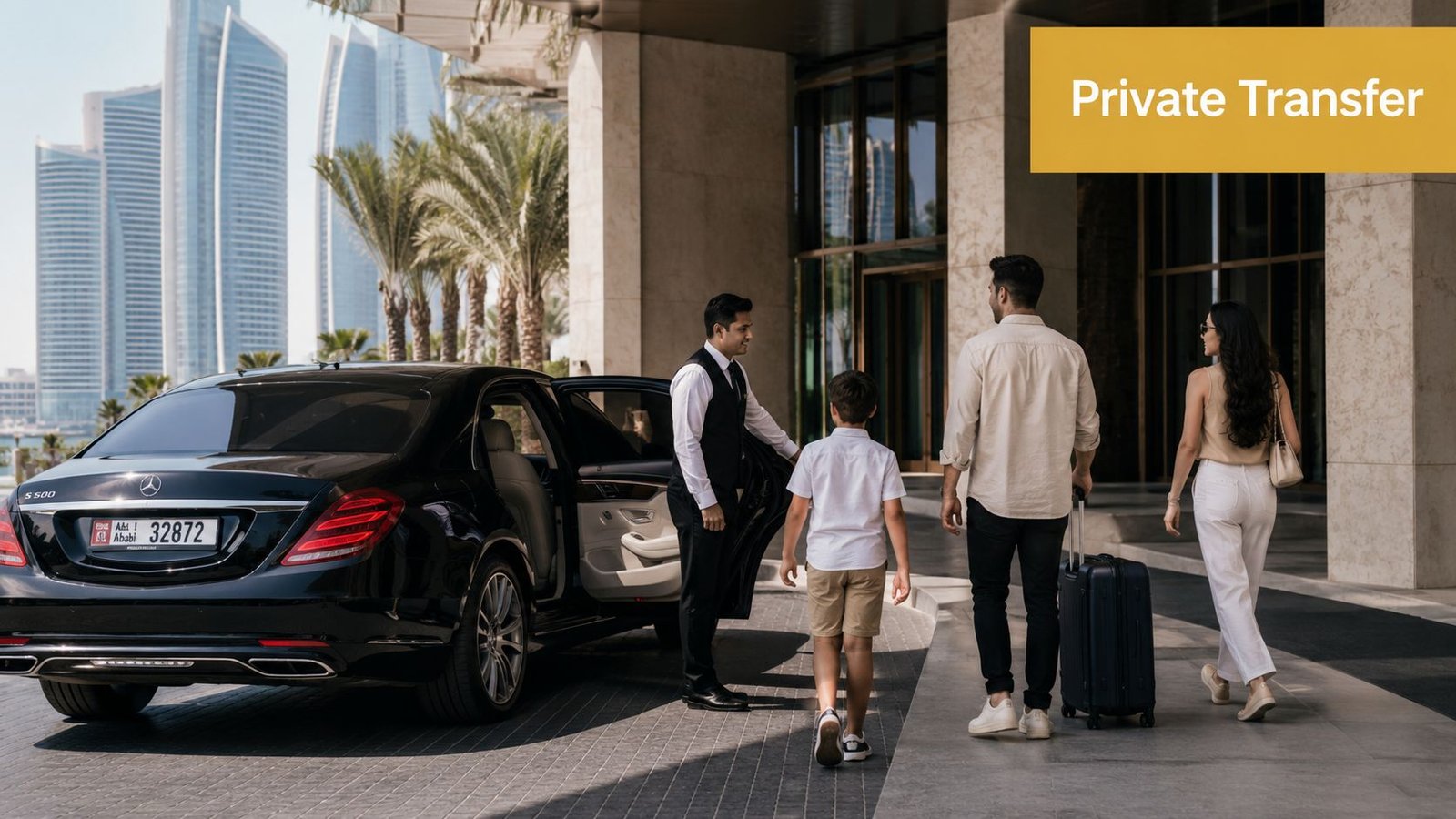 A family arrives at a luxury hotel in Abu Dhabi for a private chauffeur-driven car transfer service.
