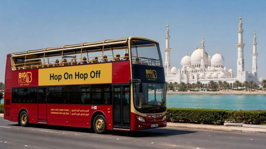 Abu Dhabi hop on hop off sightseeing bus passing Sheikh Zayed Grand Mosque with tourists enjoying a city tour in Abu Dhabi