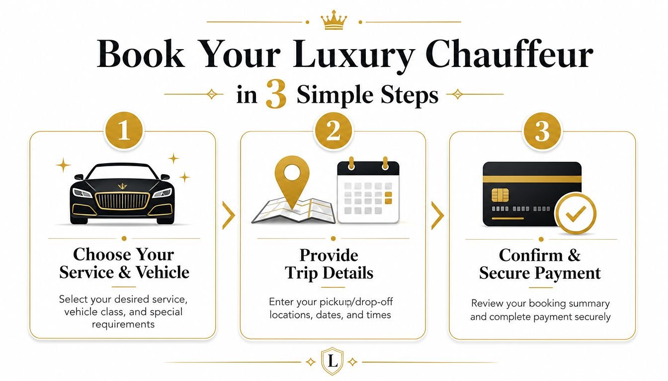 A three-step infographic showing how to book a luxury chauffeur service online with ease.