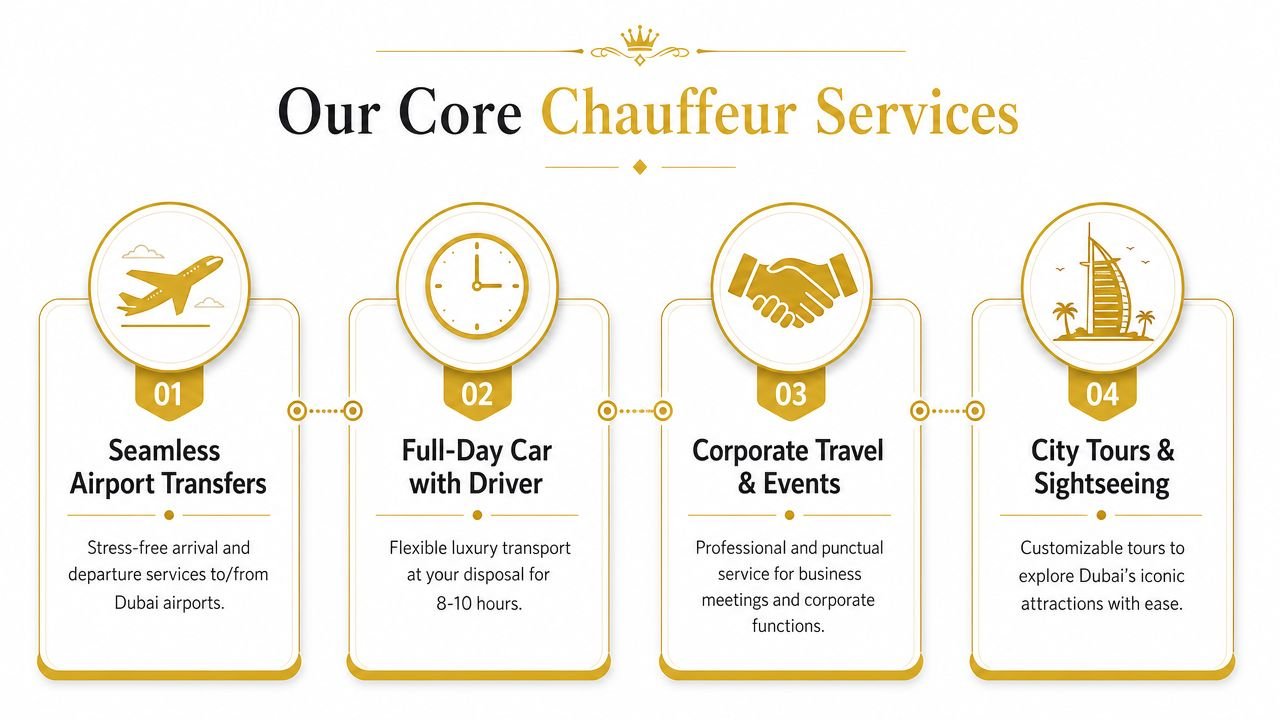 An infographic detailing four professional chauffeur services including airport transfers, full-day rentals, corporate events, and city tours.