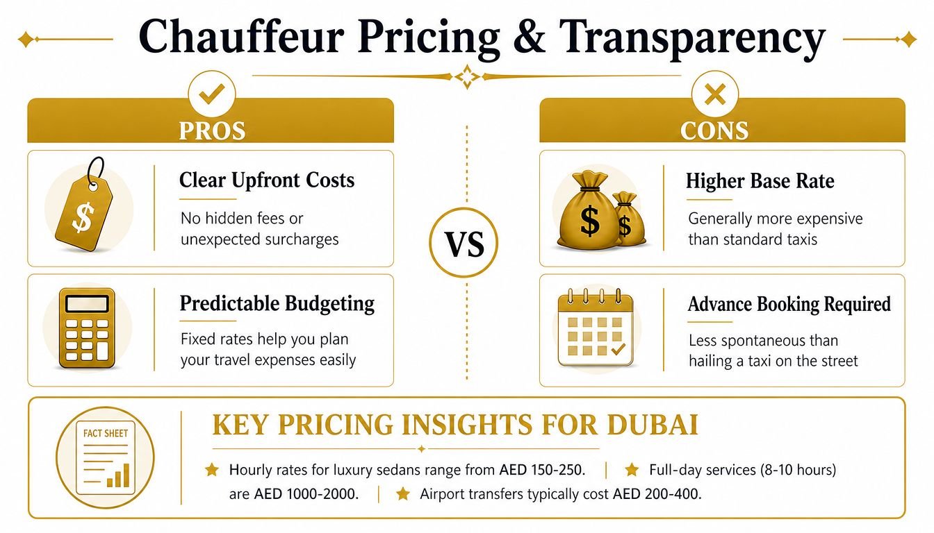 An infographic comparing the pros and cons of chauffeur pricing services with key pricing insights for Dubai.