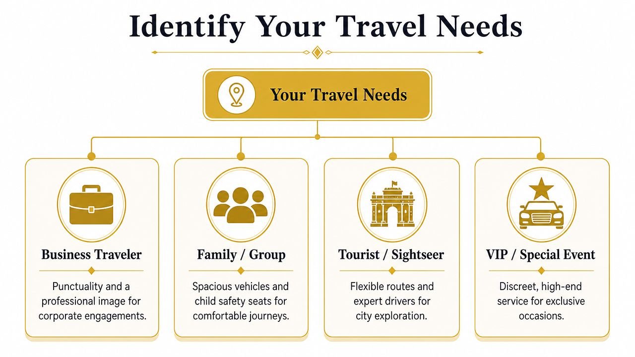 A diagram outlining different travel needs, including business, family, tourist, and VIP transportation service categories.