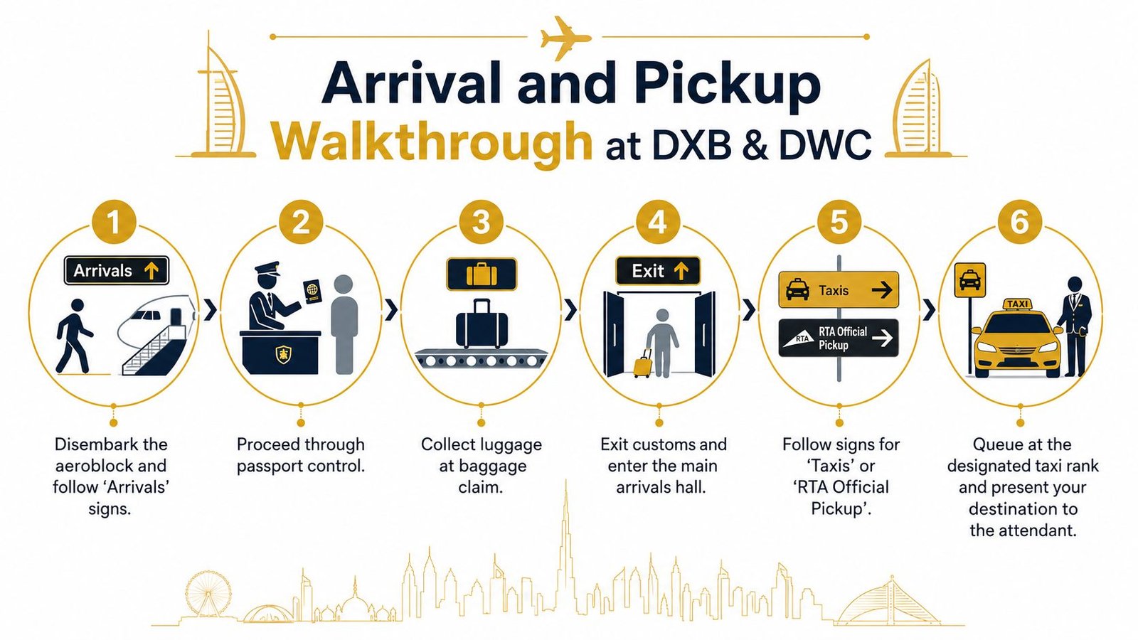 A six-step infographic showing the arrival and taxi pickup process at Dubai airports for arriving passengers.
