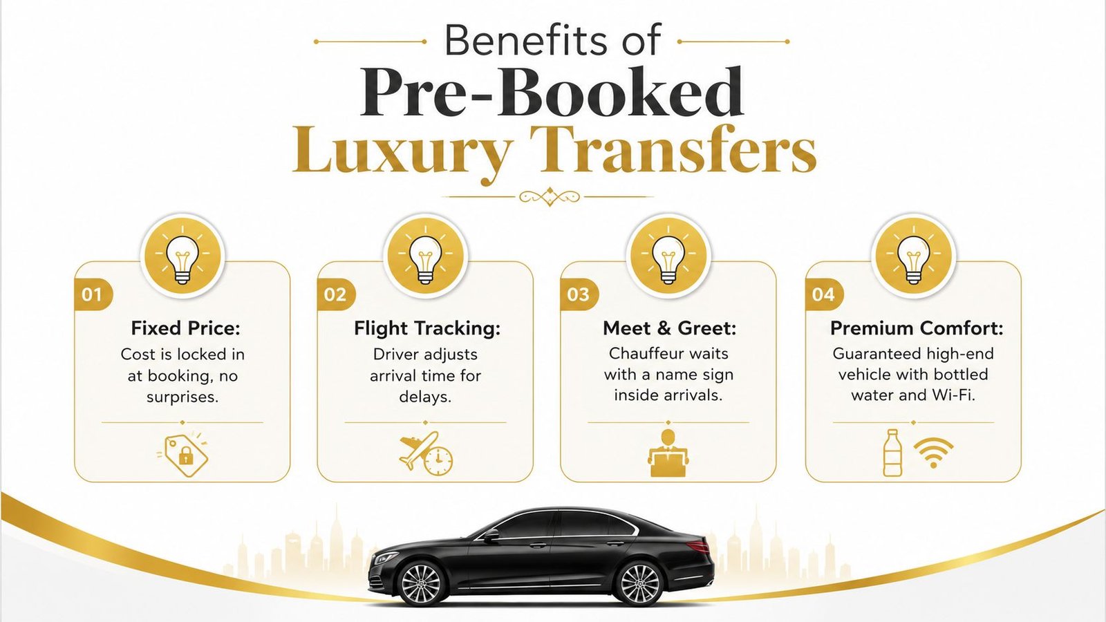 An infographic showing four key benefits of pre-booked luxury airport transfer services for travelers.