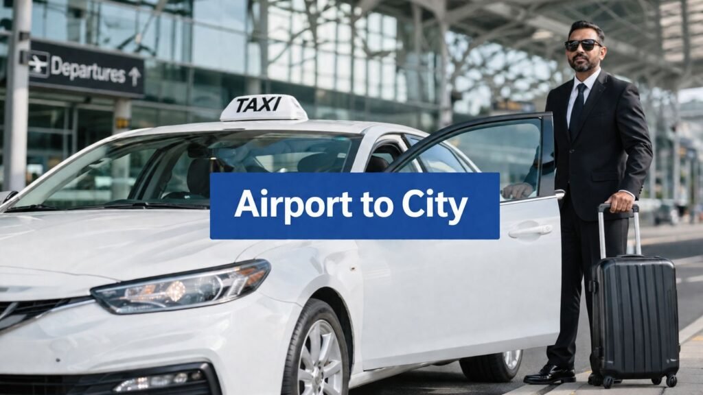 Cab from airport to city in Dubai featuring a luxury chauffeur-driven Mercedes-Benz S-Class outside Dubai International Airport with the Dubai skyline, representing premium airport transfer services by NSB Luxury Transport
