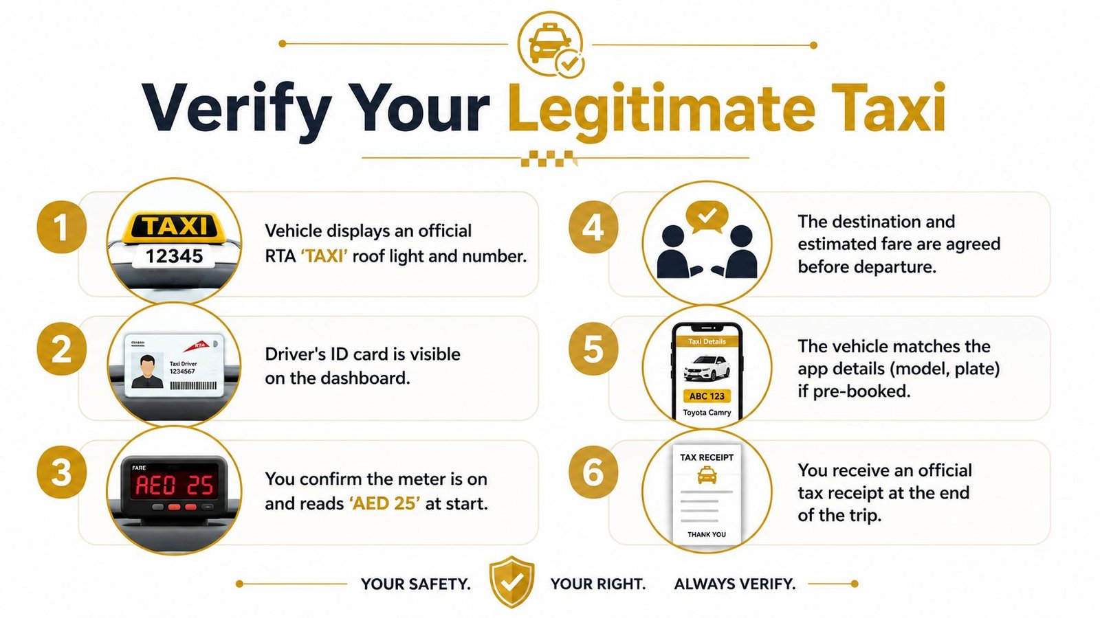 A six-step infographic on how to verify the safety and legitimacy of a taxi in Dubai.