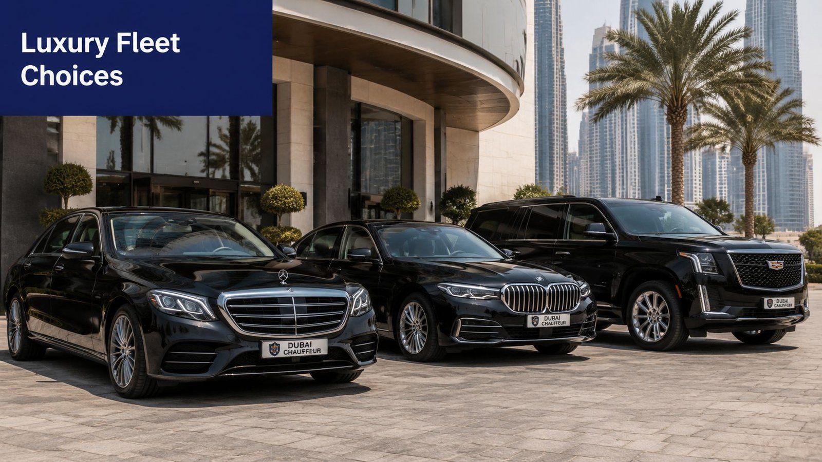 A professional lineup of three luxury black vehicles parked in front of a modern Dubai skyscraper building.