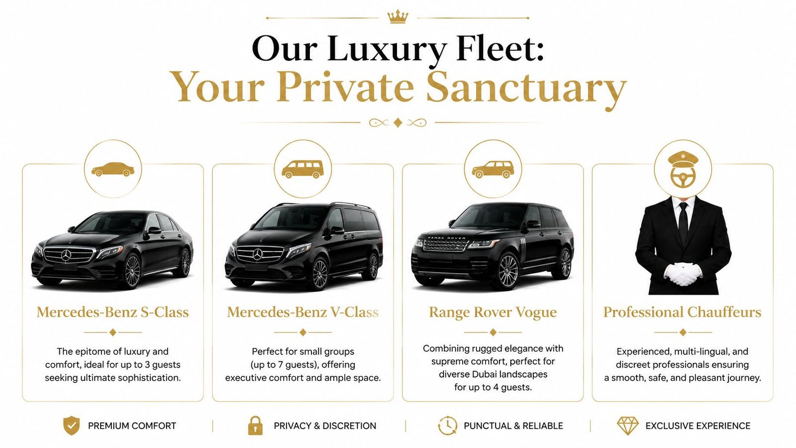 A showcase of luxury chauffeured vehicles in Dubai including Mercedes sedans, vans, and Range Rover SUVs.