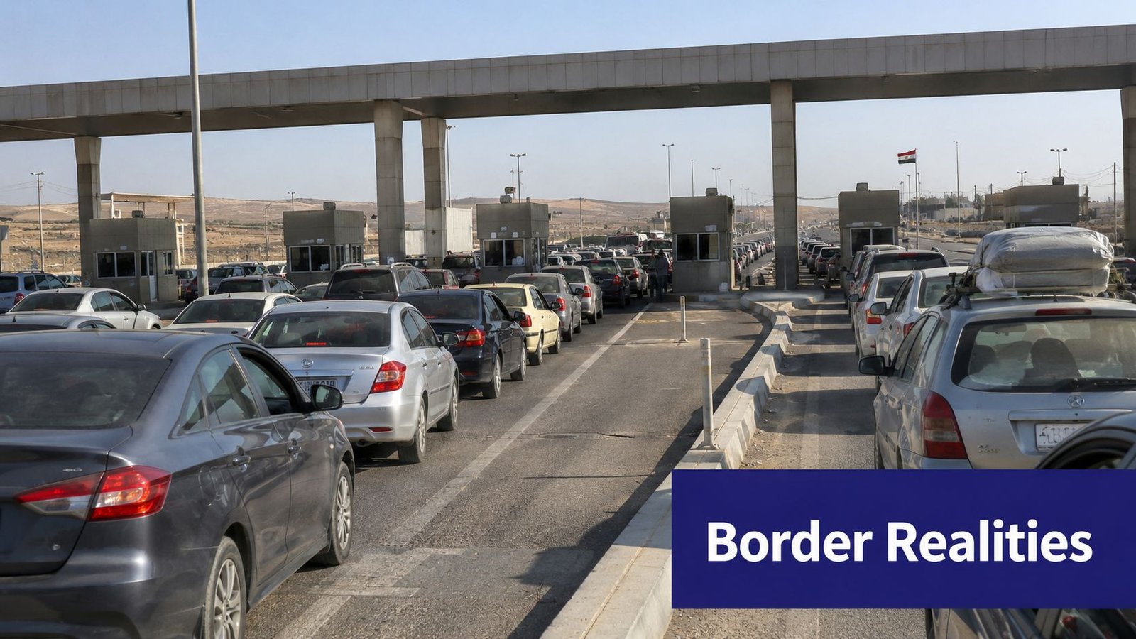 A long line of cars wait to cross through a secure border crossing checkpoint under a bridge.