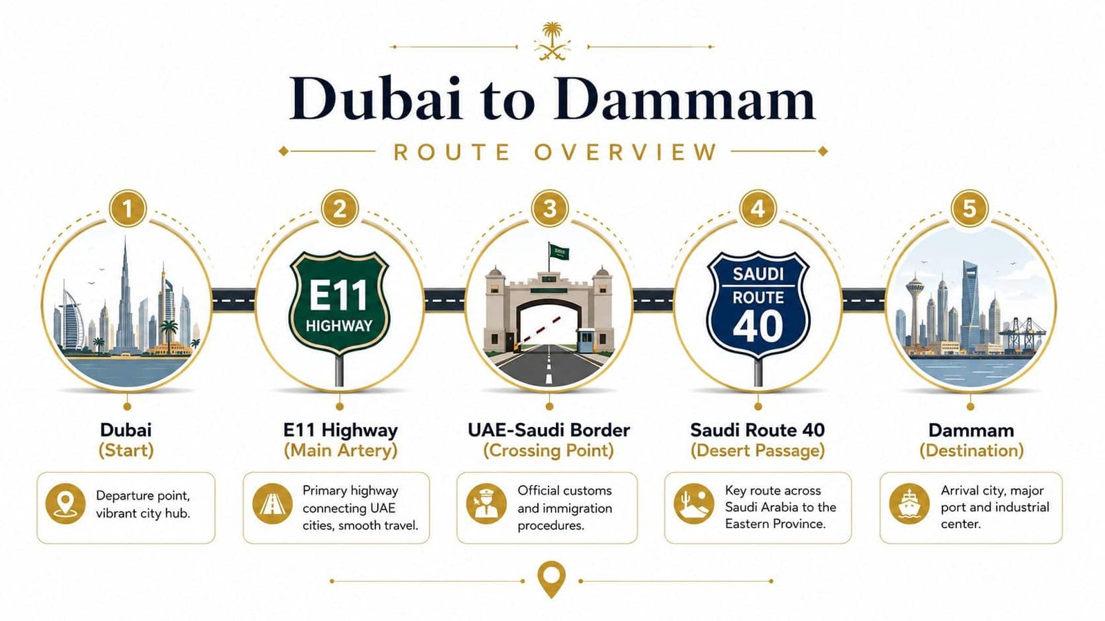 A route overview infographic showing the journey from Dubai to Dammam with five key travel stages.