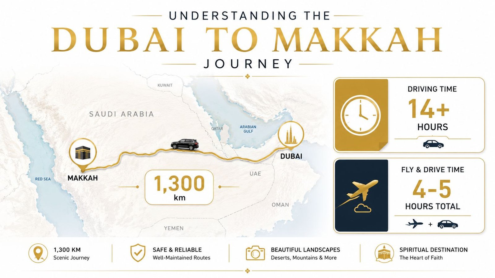 An infographic showing the travel distance and time options between Dubai and Makkah for travelers.