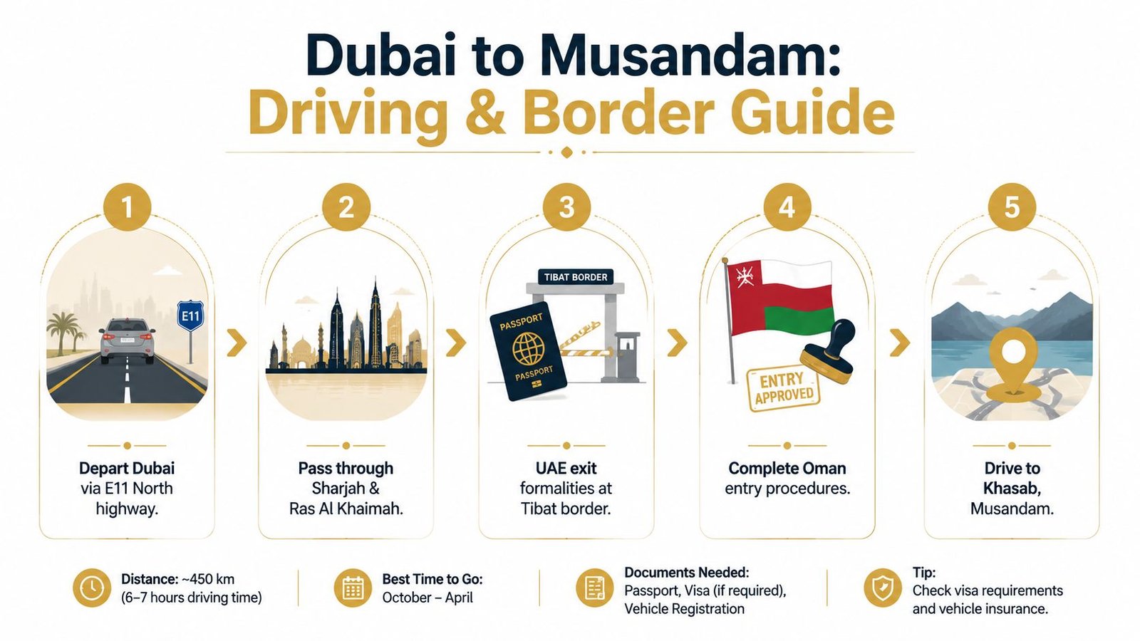 An infographic showing a five-step guide for driving from Dubai to Musandam, including border crossing procedures.
