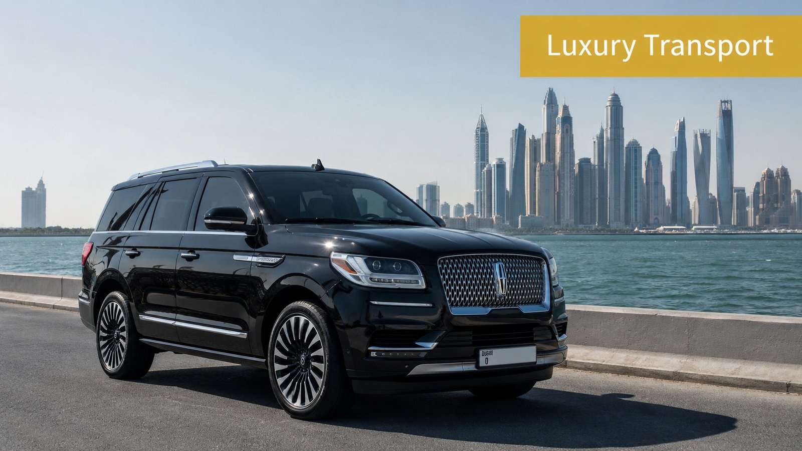 A black Lincoln Navigator SUV parked on a road with the Dubai skyline in the background.