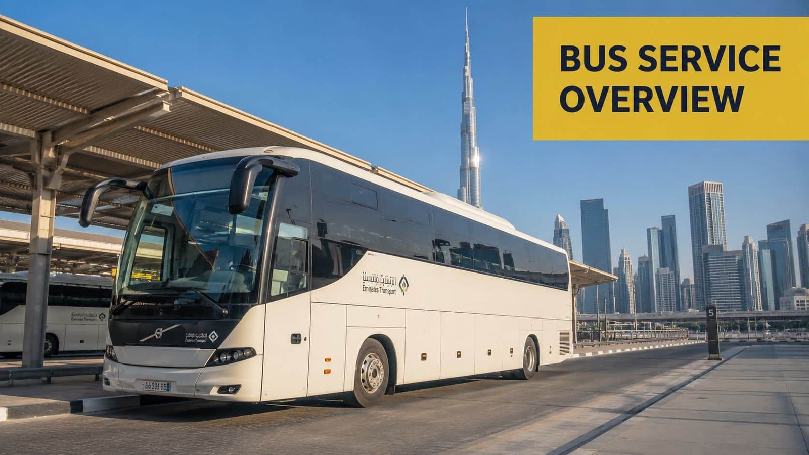 An Emirates Transport bus parked at a station in Dubai with the Burj Khalifa in the background.