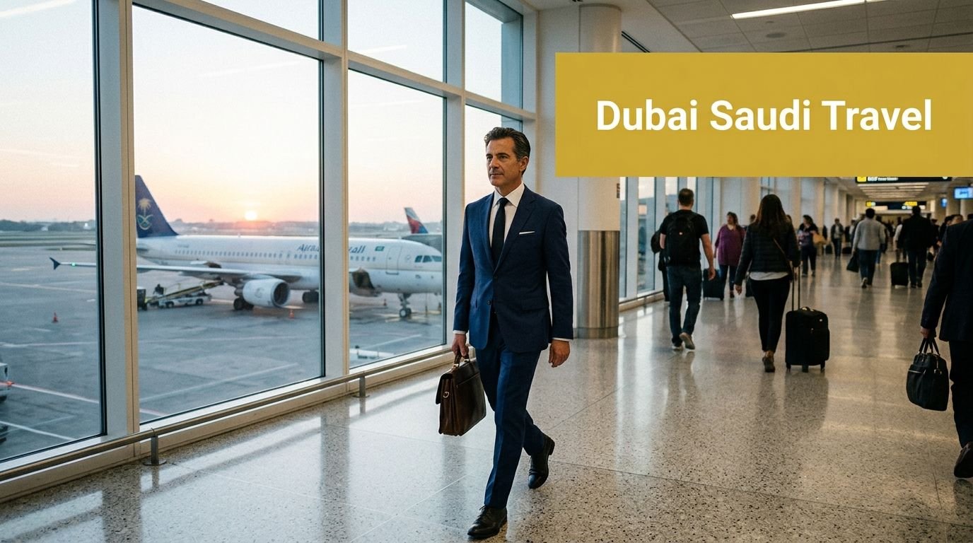 A professional man walking through an airport terminal with a suitcase and an airplane in the background.