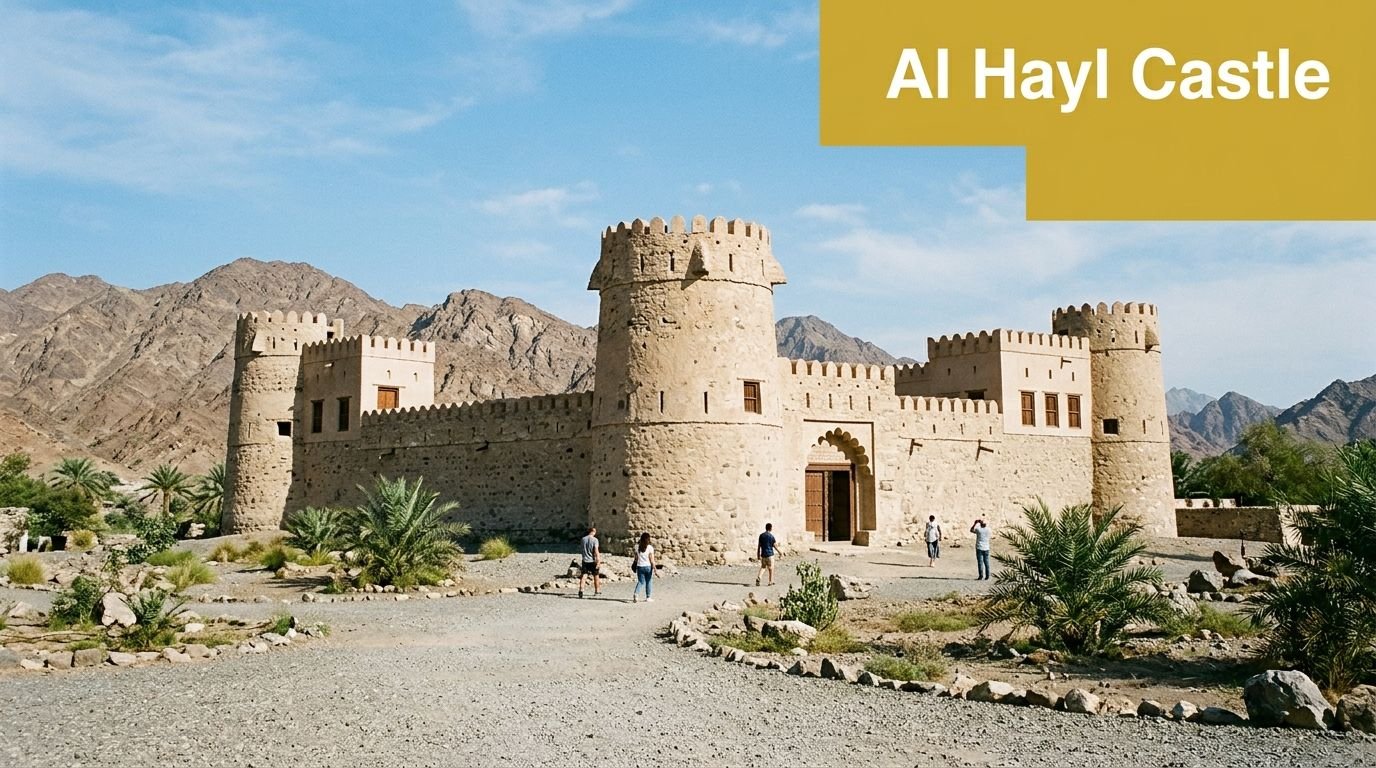 A wide angle view of the historic Al Hayl Castle in the mountains of Fujairah, United Arab Emirates.
