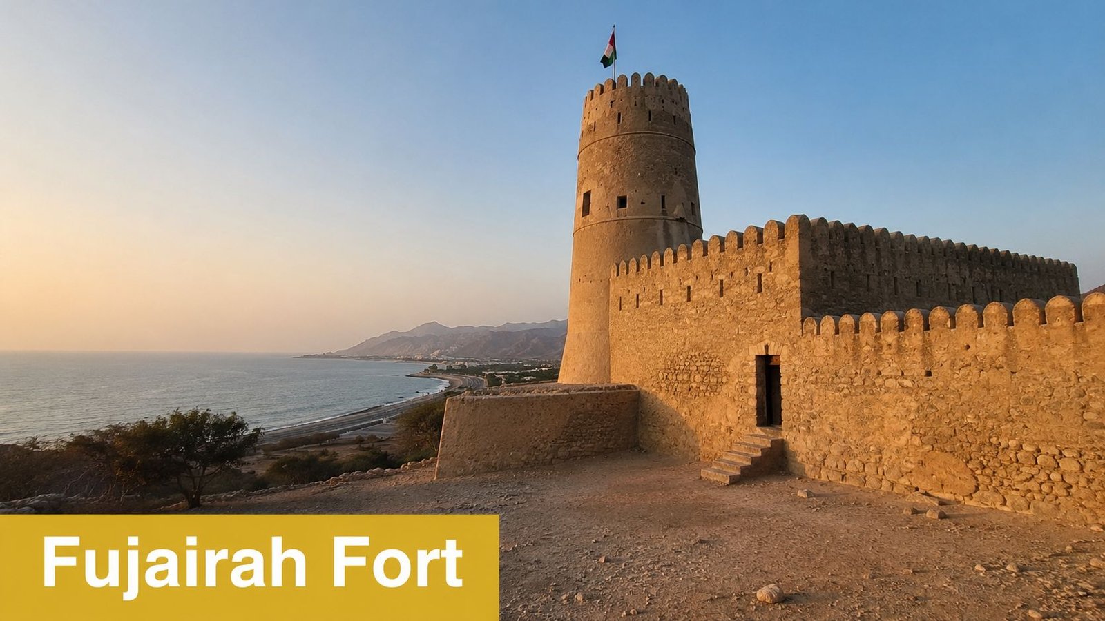 The historic Fujairah Fort sits on a hillside overlooking the coastline and ocean during a warm sunset.