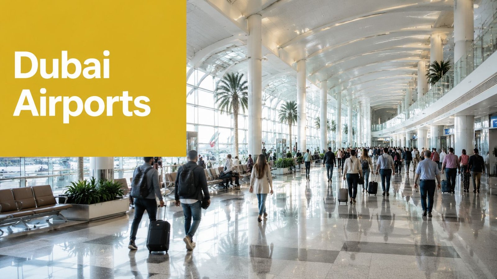 Travelers with luggage walking through a modern and spacious terminal at Dubai International Airport.