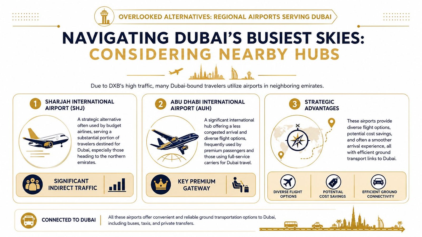 An infographic showing regional airports near Dubai as alternatives to DXB for travelers.