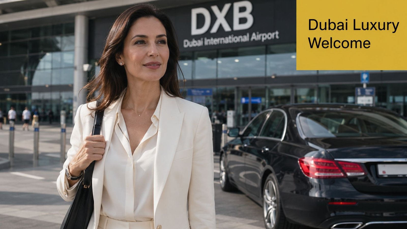 A sophisticated woman in a white blazer arriving at Dubai International Airport with a luxury black car.
