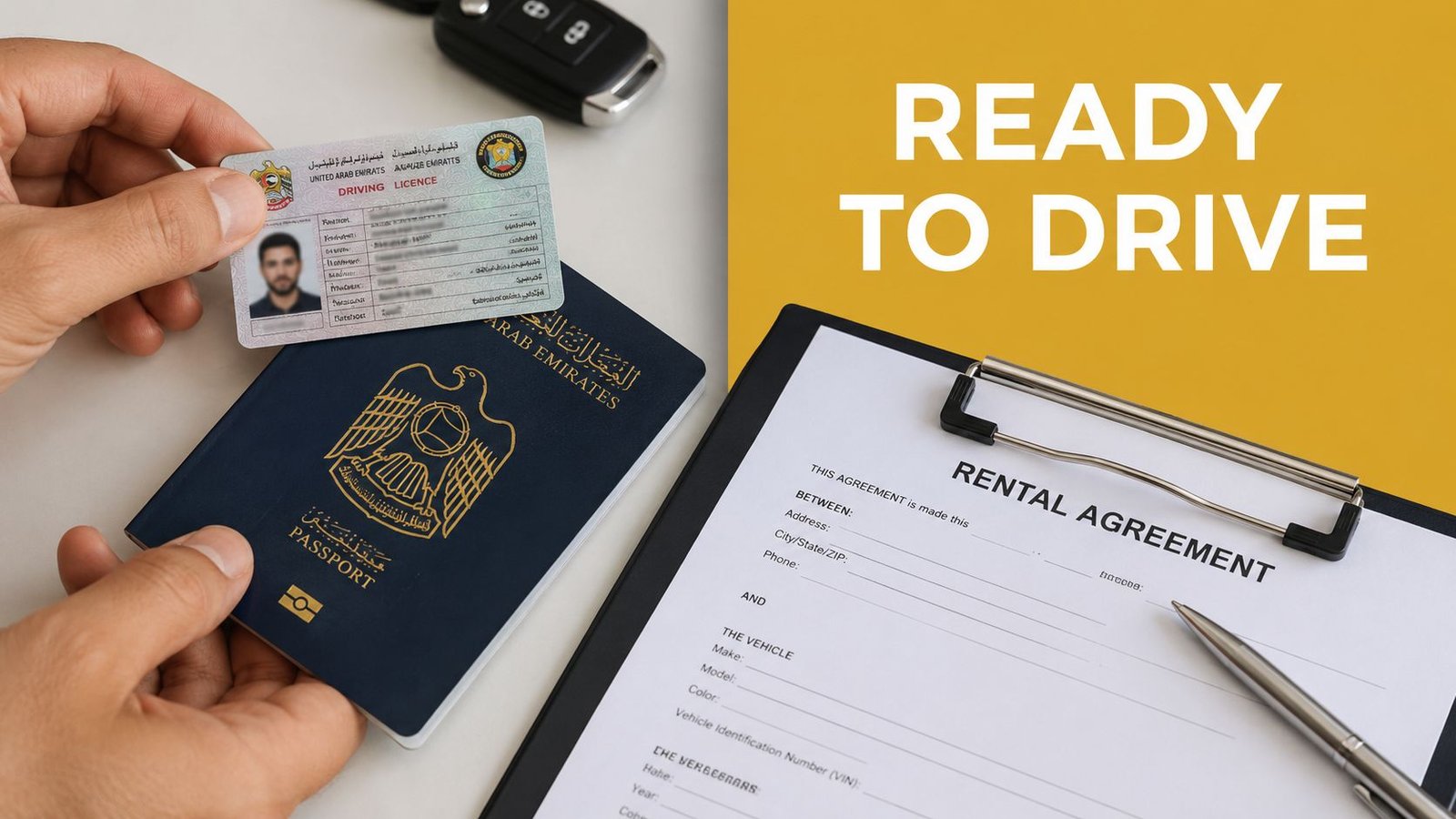 A hand holding a UAE driving license and passport next to a car rental agreement document.