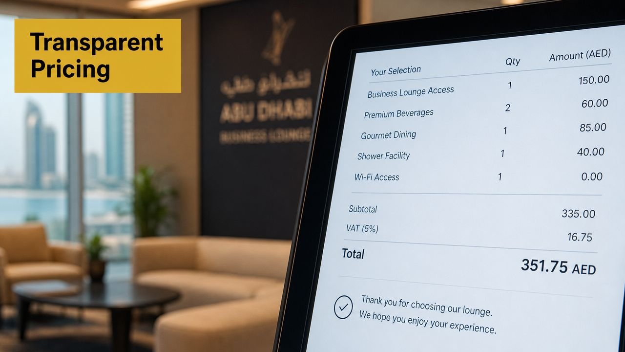 A digital screen in an Abu Dhabi lounge displays a detailed price list for various services.