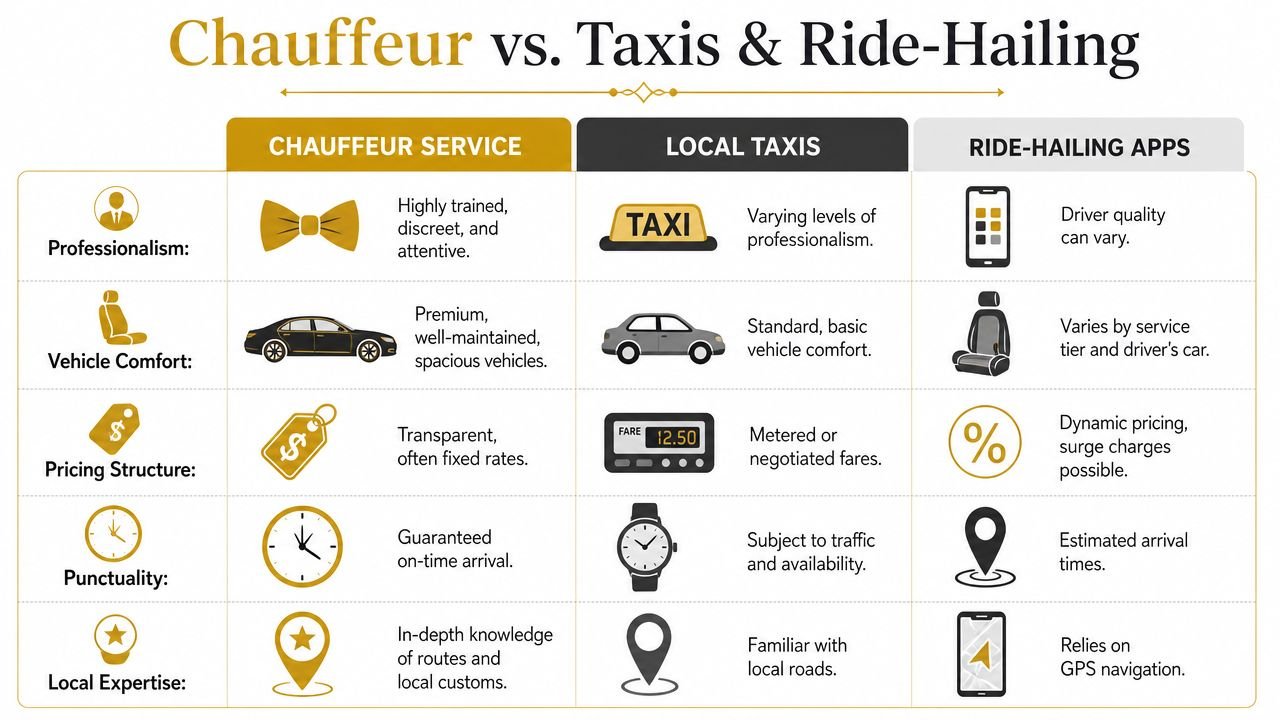 A comparison chart showing differences between professional chauffeur services, local taxis, and ride-hailing app transport options.