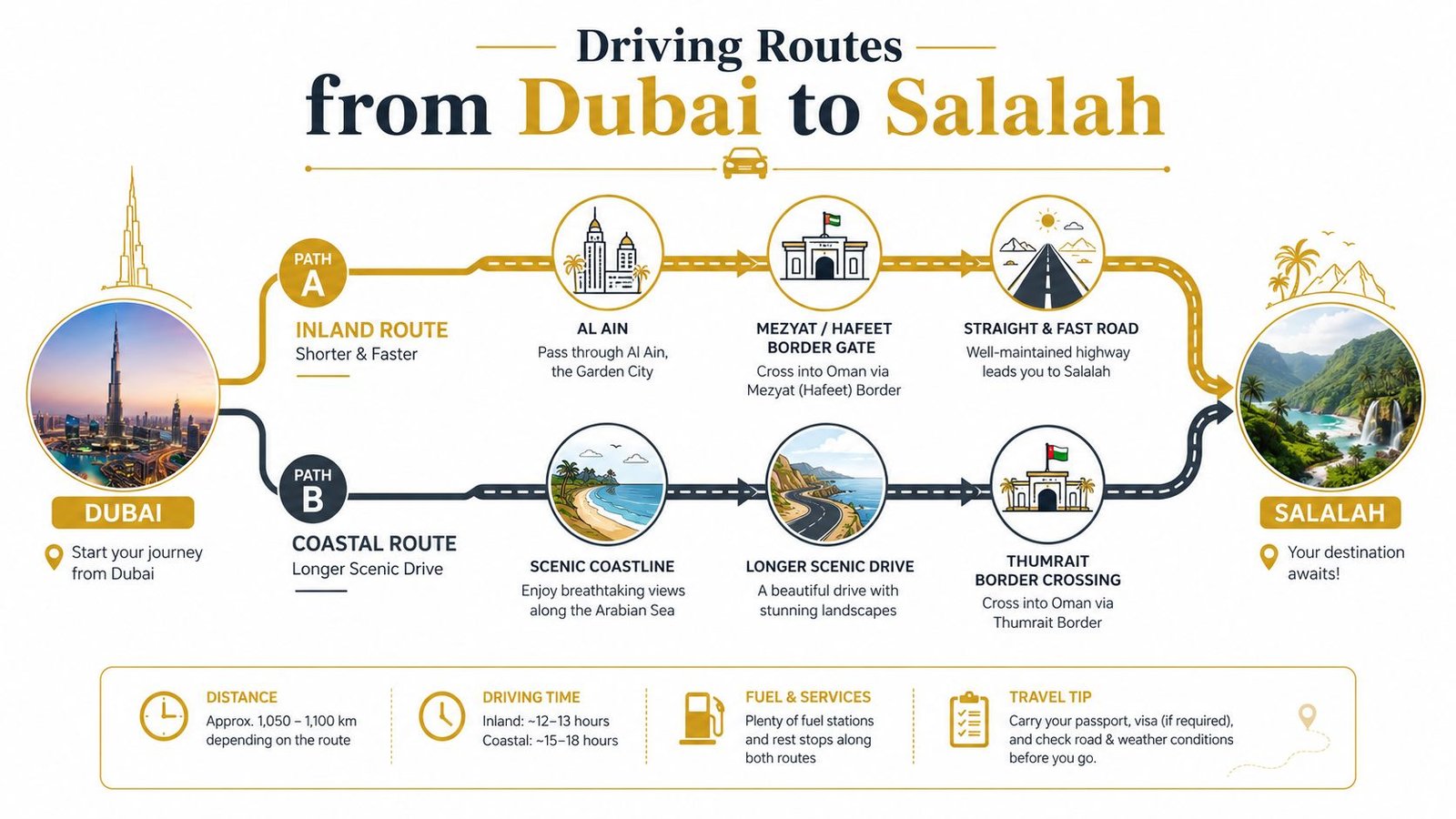 A travel infographic comparing two driving routes from Dubai to Salalah, Oman, showing distance, time, and key features.