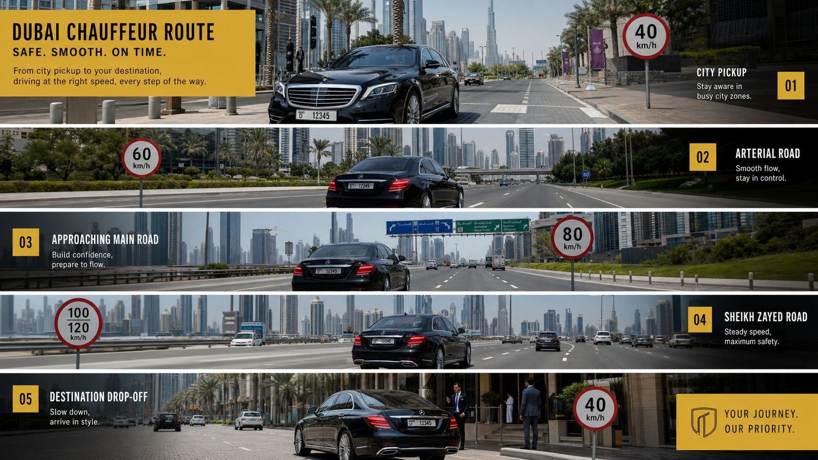 An infographic detailing Dubai chauffeur speed limit stages from city pickup to arrival at a destination.