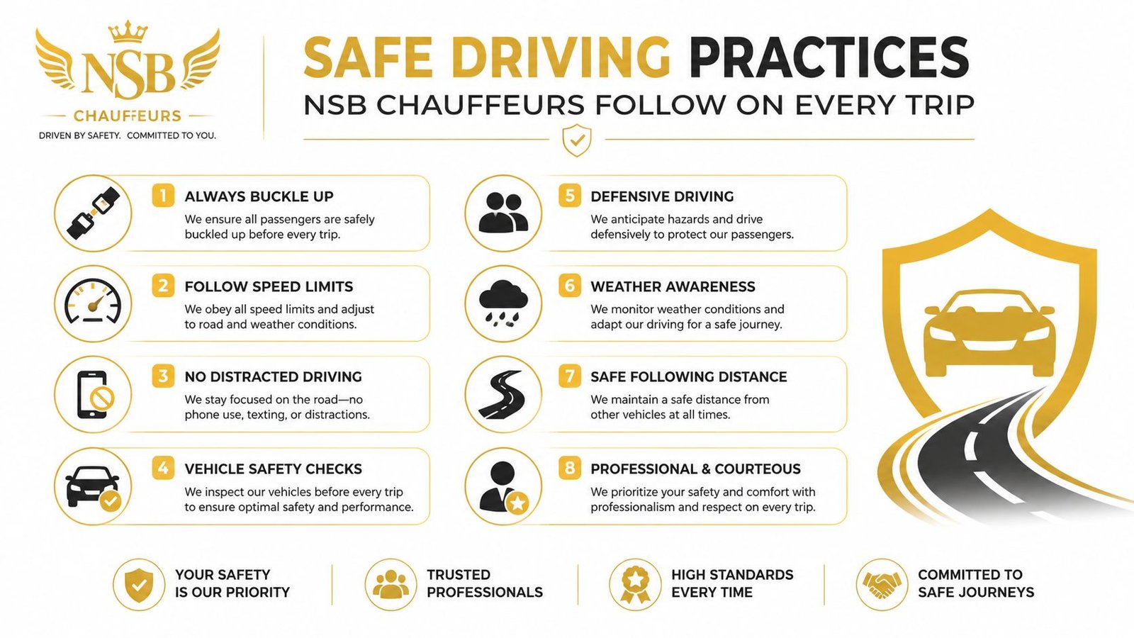 An infographic detailing eight essential safe driving practices followed by NSB Chauffeurs for passenger security.