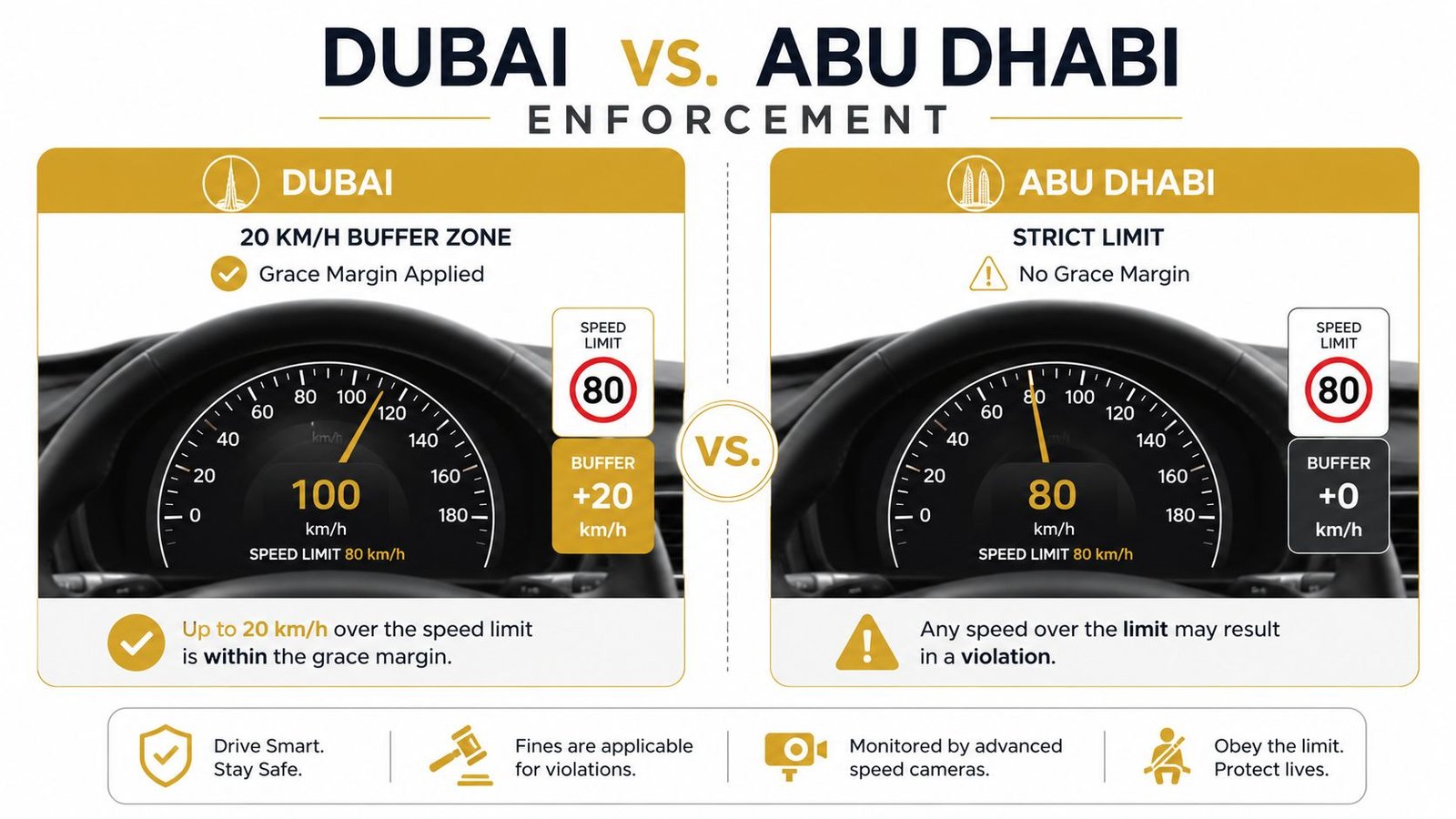 An infographic comparing the different traffic speed limit enforcement policies between Dubai and Abu Dhabi.