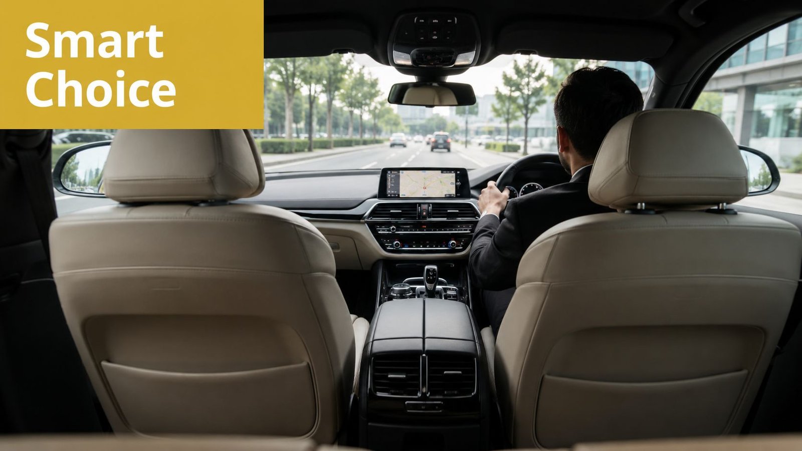 A professional driver in a suit operating a luxury vehicle from the passenger viewpoint.