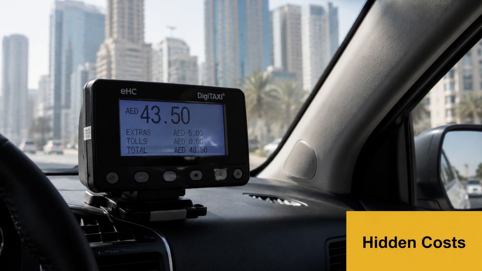 A digital taxi meter displaying a fare of 48.50 AED on the dashboard of a car in Dubai.