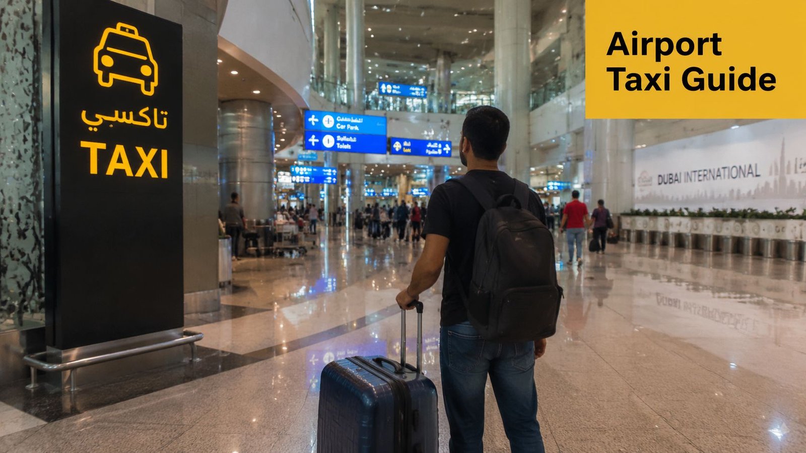 A traveler with a backpack and suitcase standing in Dubai International Airport near a taxi sign.