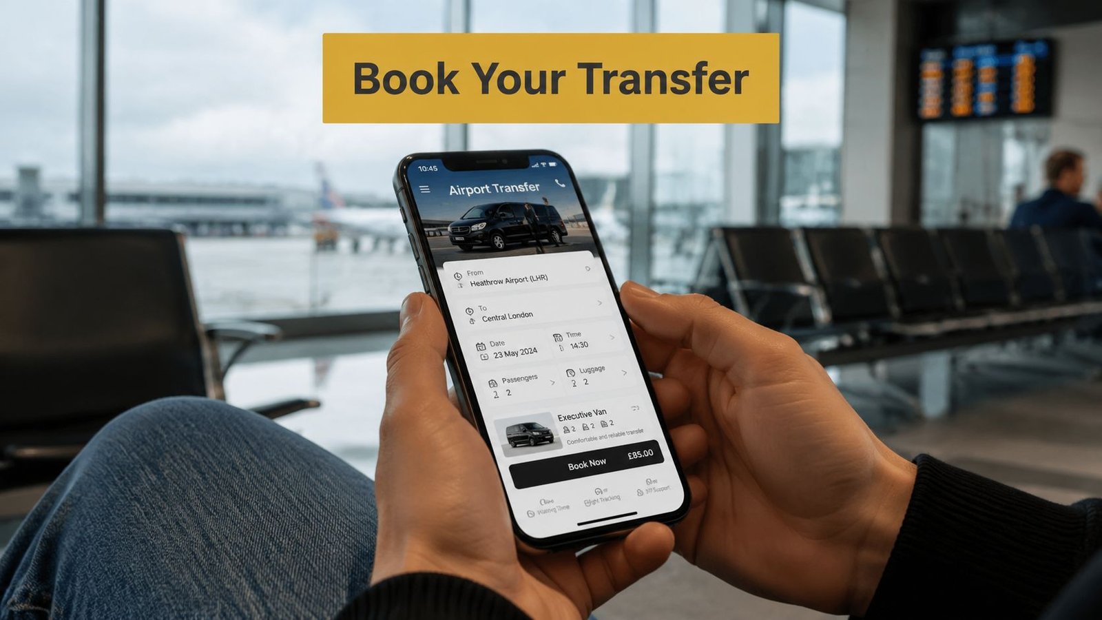 A person holding a smartphone showing an airport transfer booking application while waiting at the terminal.