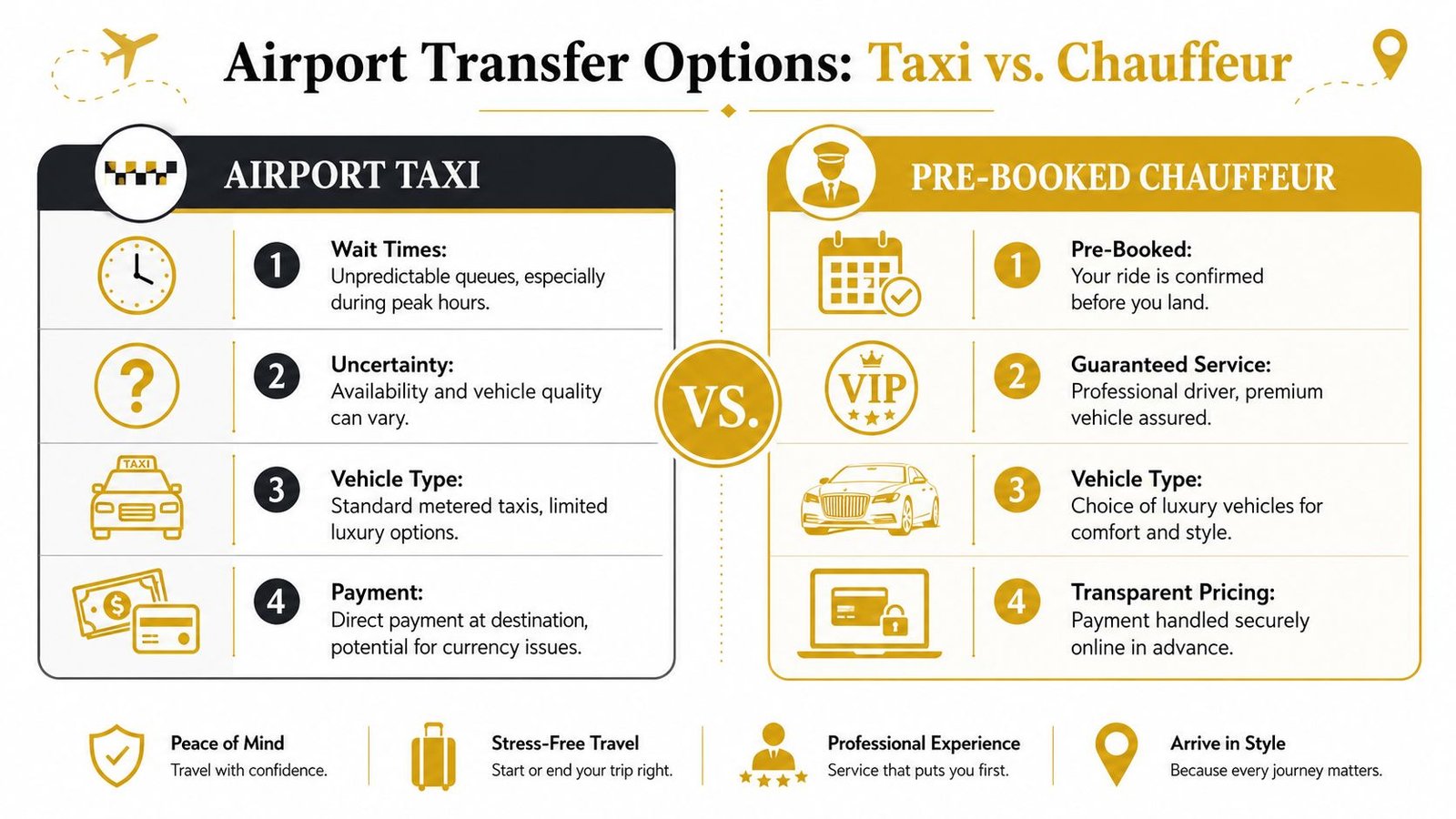 A comparison infographic between airport taxis and pre-booked chauffeur services for traveler airport transfer options.