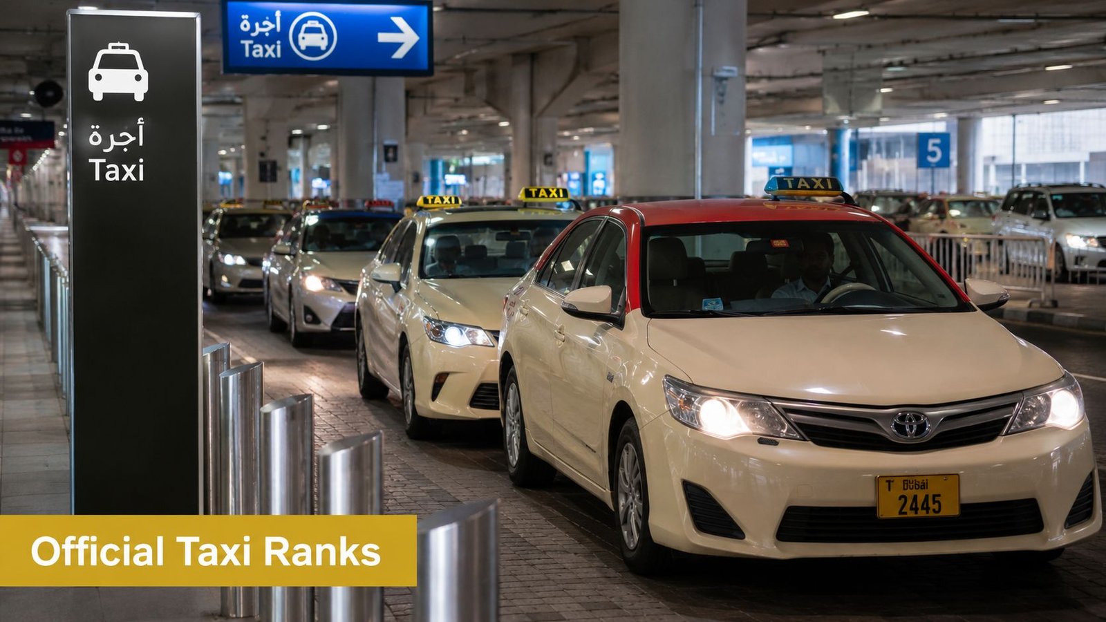 A row of beige and red Dubai taxis waiting in a queue at an airport terminal.