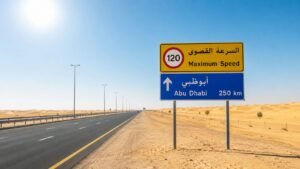 UAE road signs guide showing common traffic signs, highway symbols, speed limit signs, and safe driving on Dubai roads