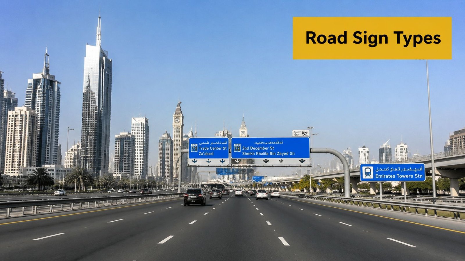 A wide highway in Dubai with large blue overhead road signs guiding traffic towards city landmarks.