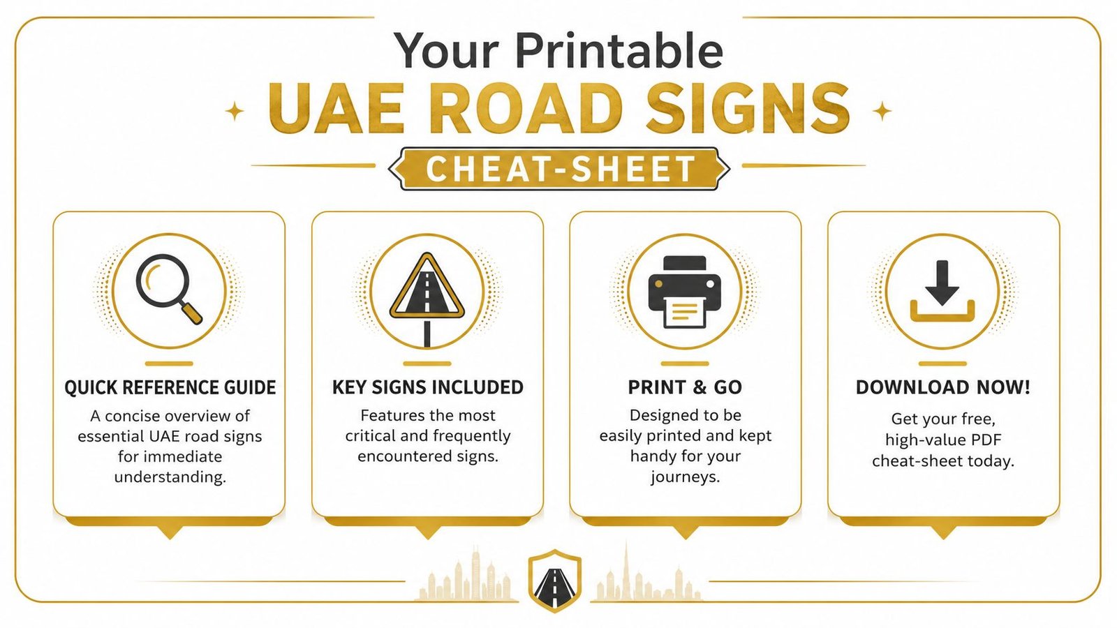 An infographic titled UAE Road Signs Cheat-Sheet, displaying four key features of the downloadable educational guide.