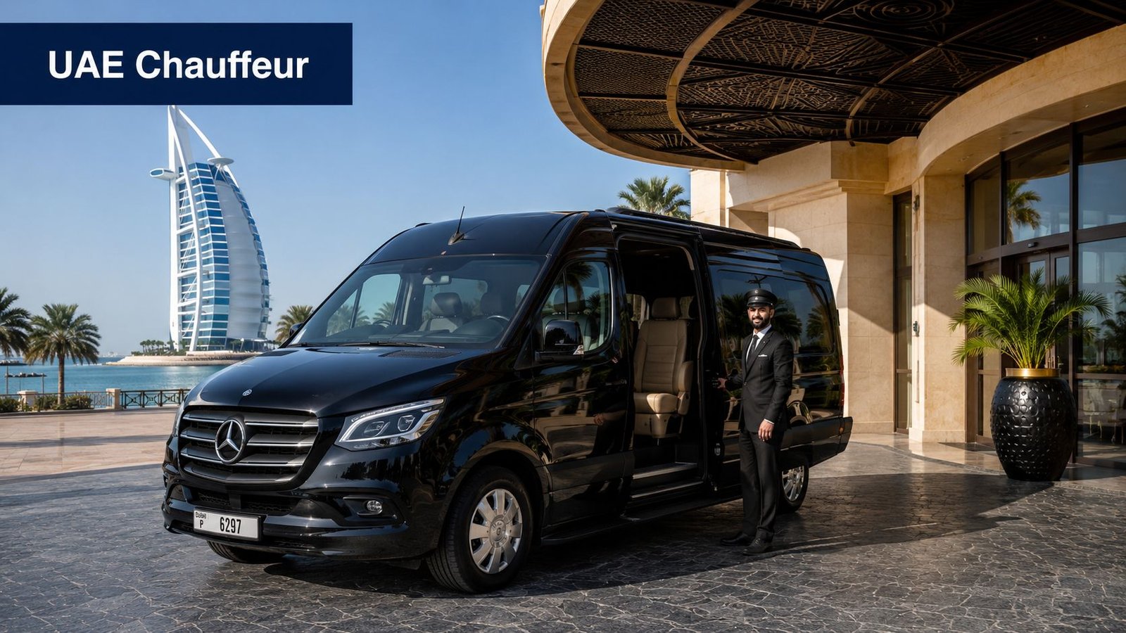 A professional chauffeur standing by a luxury black passenger van in front of the Burj Al Arab.