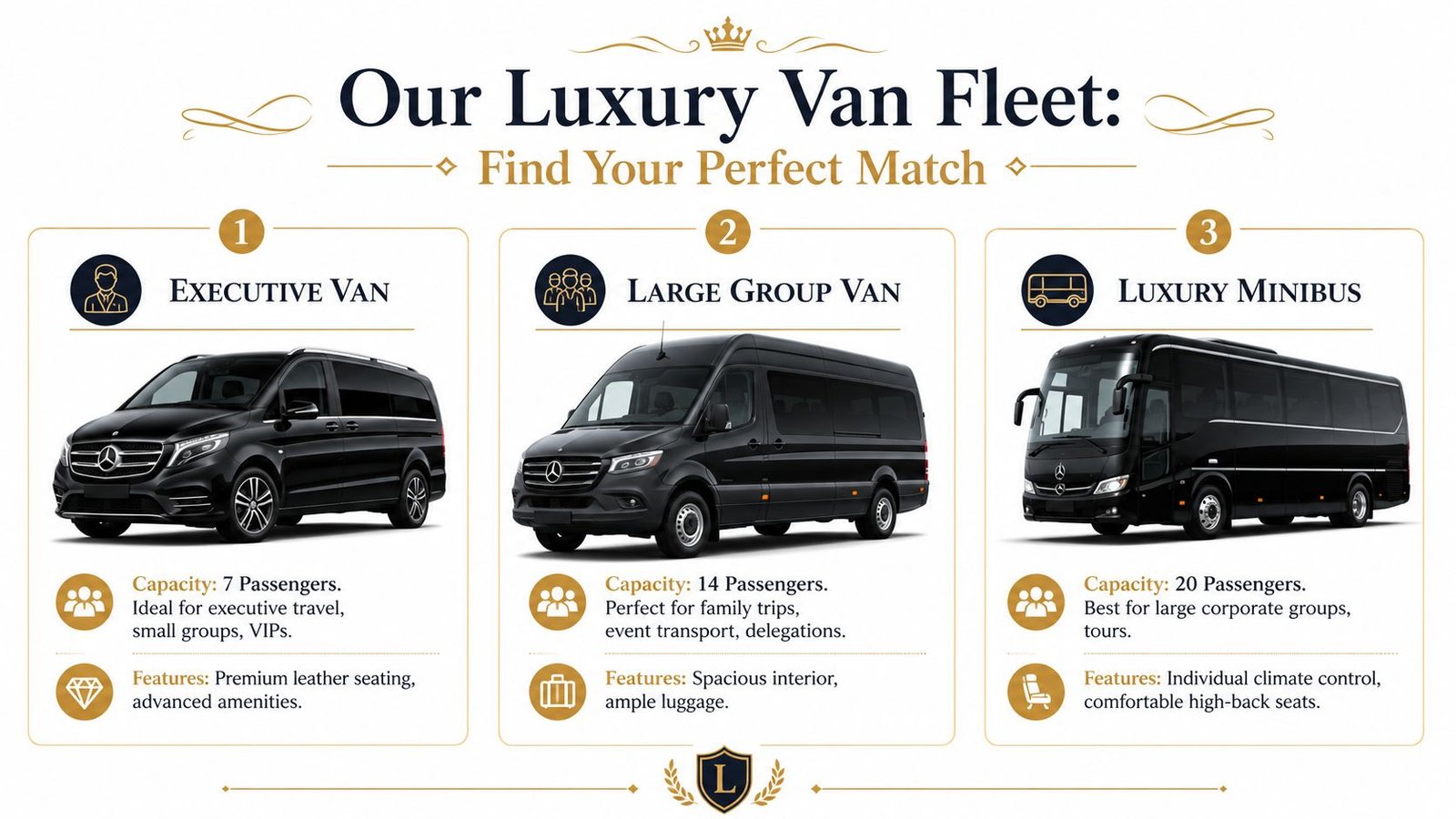 A comparison chart of three luxury vehicles including an executive van, large group van, and luxury minibus.