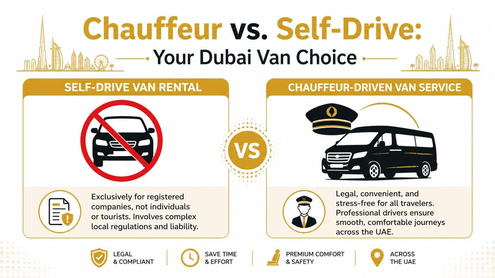 A comparison infographic between self-drive van rentals and professional chauffeur-driven van services in the UAE.