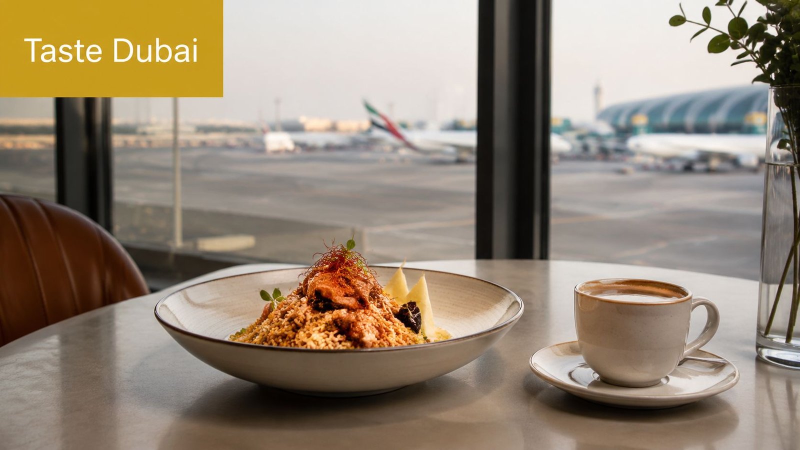 A delicious gourmet meal and a cup of coffee served at a restaurant in Dubai International Airport.