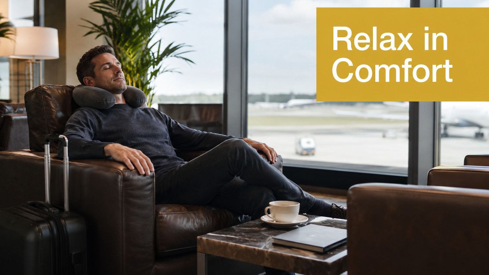 A traveler resting in a comfortable chair at an airport lounge with an airplane visible outside.