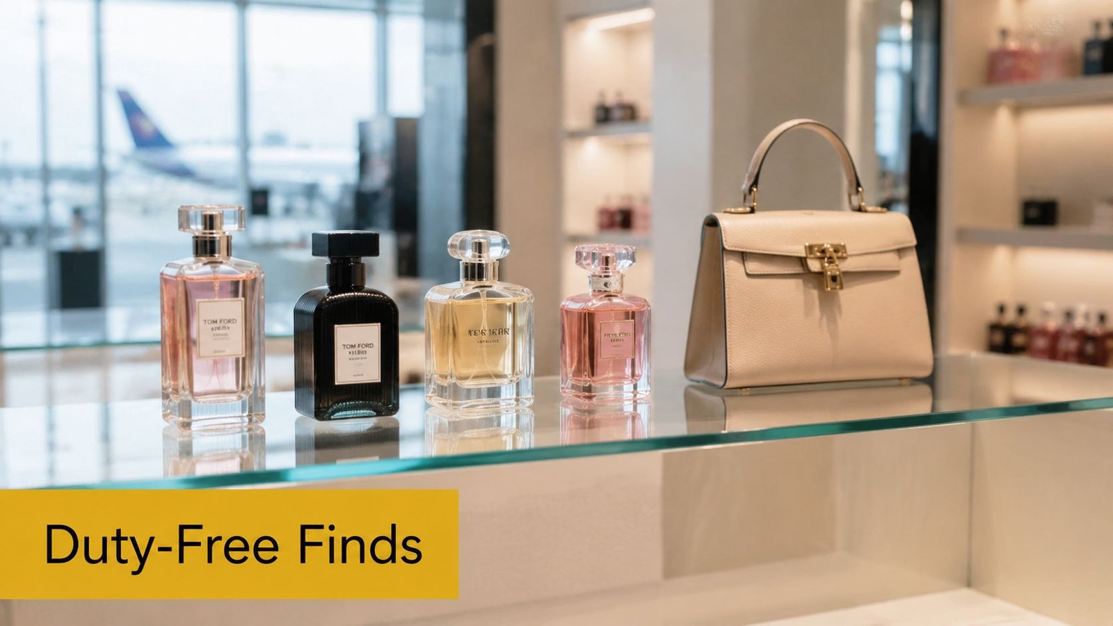 A luxurious display of designer perfume bottles and a leather handbag on a glass shelf at duty-free.