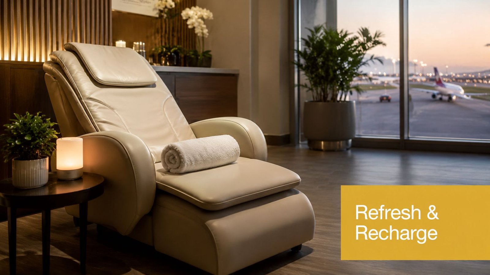 A luxurious leather massage chair in an airport lounge overlooking airplanes on the runway at sunset.