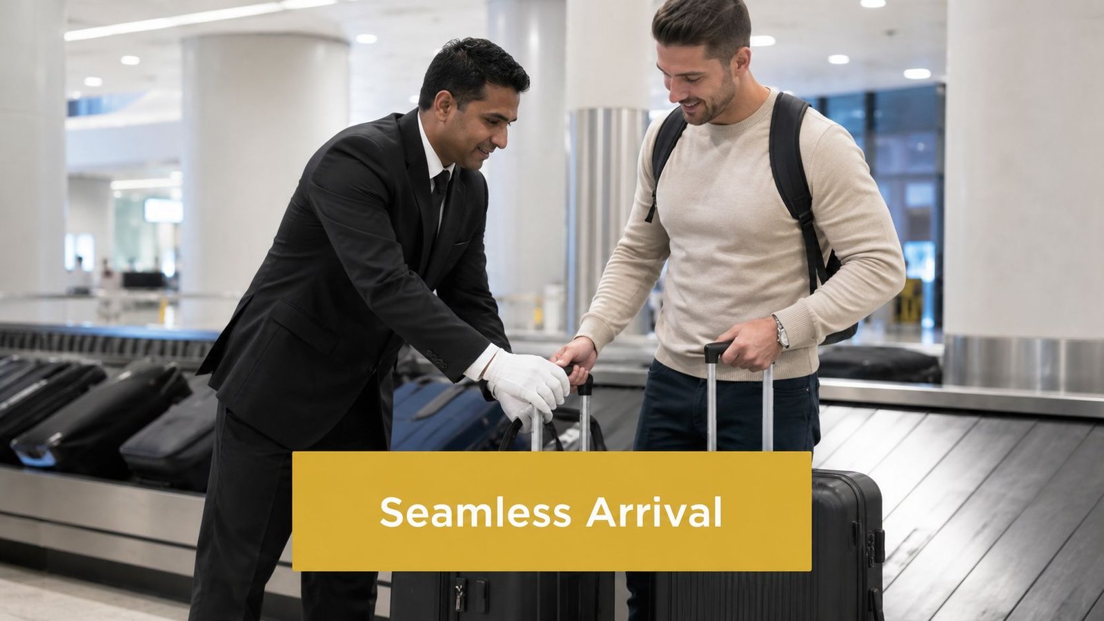 A professional airport concierge helping a traveler with his luggage at a baggage claim area in Dubai.